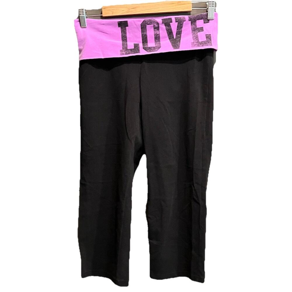 PINK Victoria's Secret‎ Vintage Black Purple Fold Over Waistband Leggings Size S